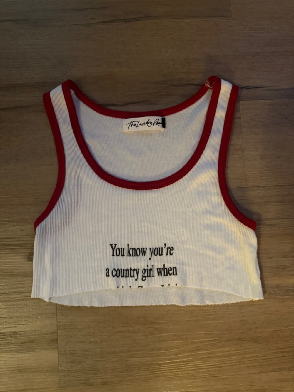 The Laundry Room White Crop Tank with Red Trim & Graphic
